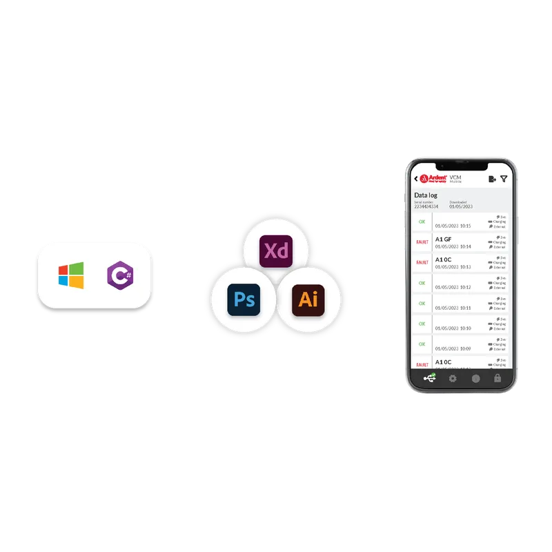 Windows/C++, adobe software icons and a mobile screen showing the app design