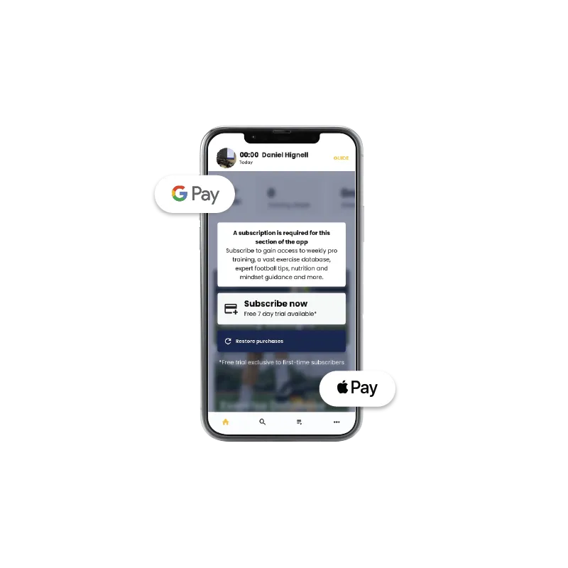 A mobile device displaying the payment options for the app (Google Play, App Store subscriptions)